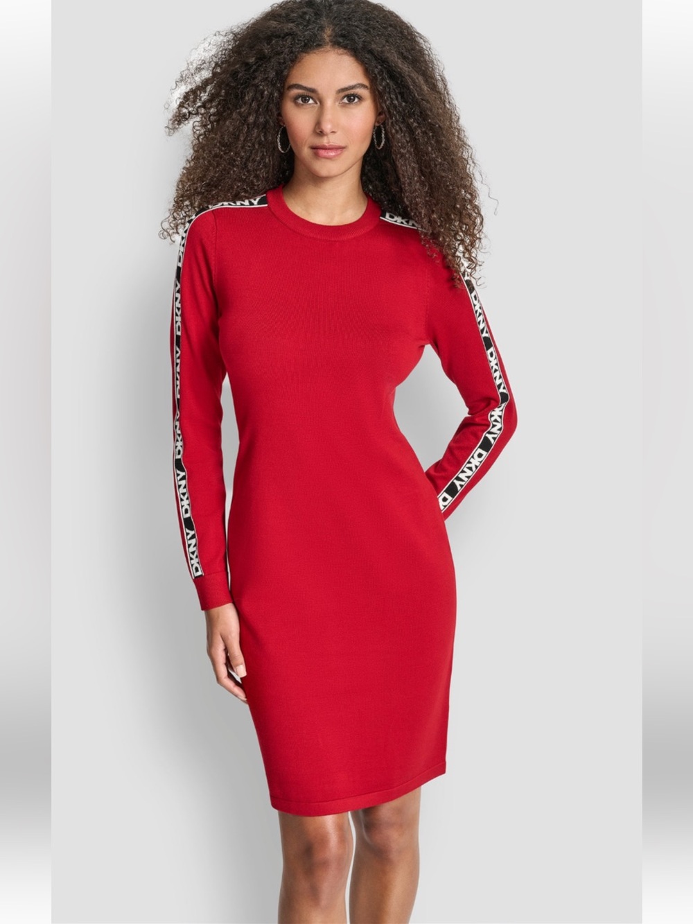 DKNY Red Long Sleeve Logo-Strip Knit Dress size S